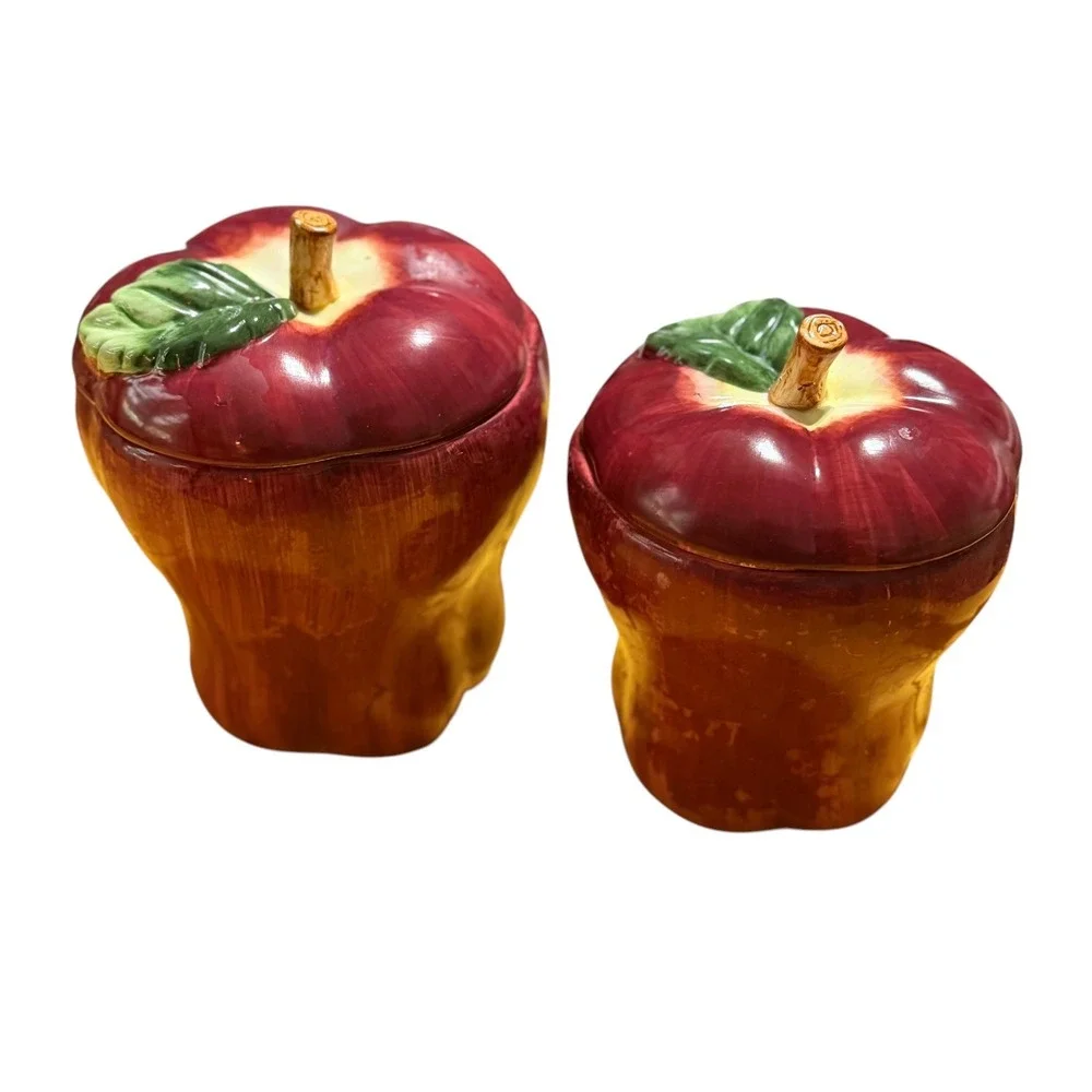 KMC Ceramic Apple Canisters Set of 2 Red Hand Painted Kitchen Storage Jars 7in